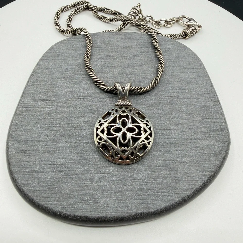 Silver Tone Openwork Floral Medallion Pendant Rope Chain Boho Statement Necklace